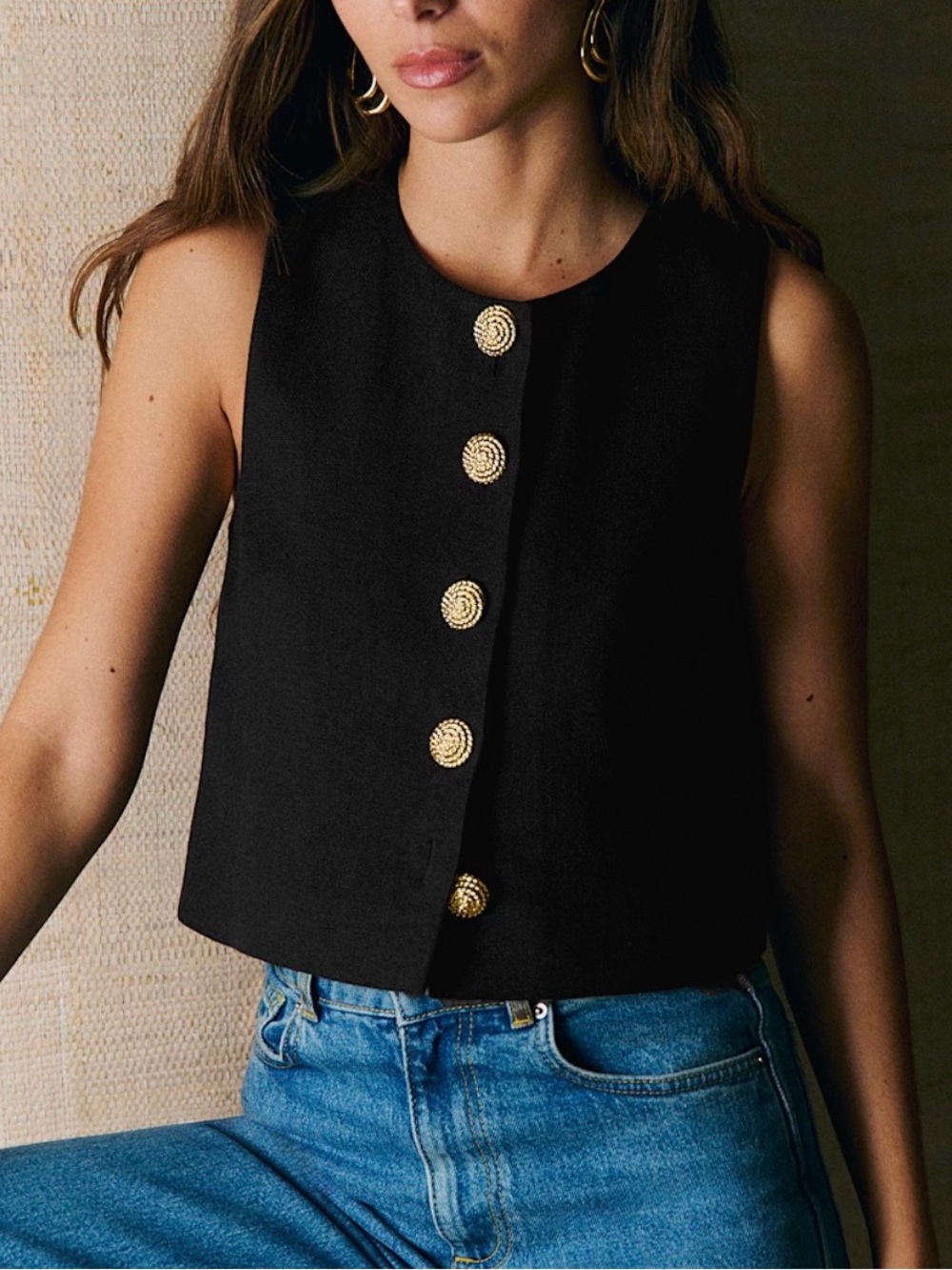 Sezane Altea Black Sleeveless Blouse Vest with Gold Buttons
